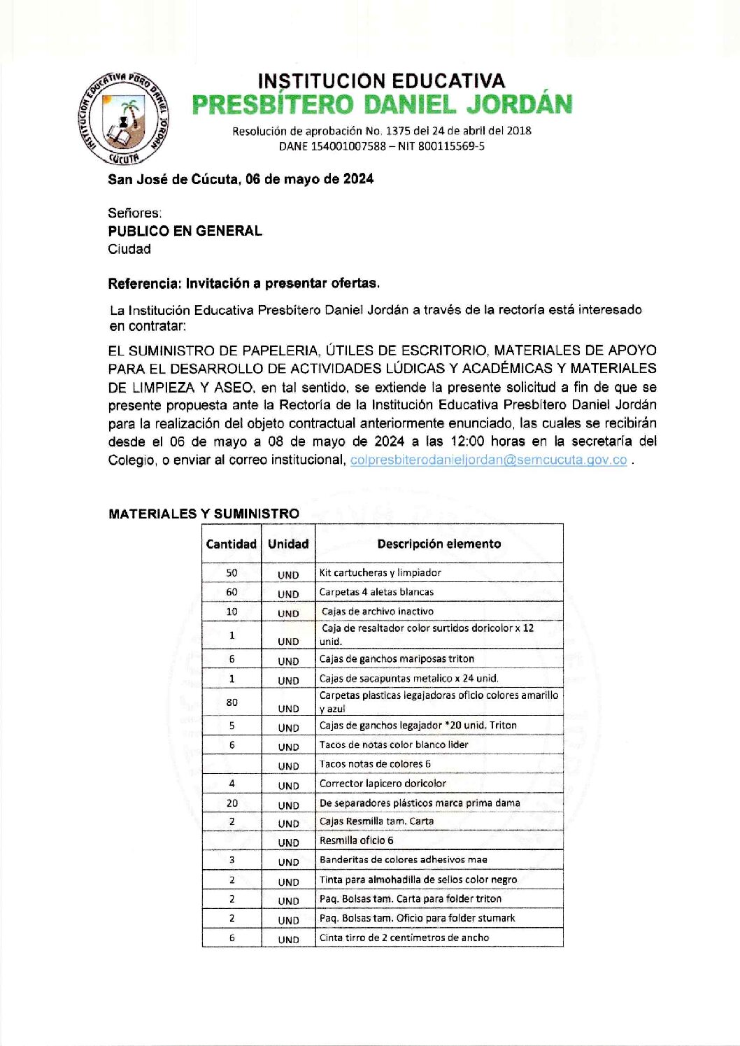 INVITACIÓN A PRESENTAR OFERTAS – SUMINISTRO DE PAPELERÍA, ÚTILES DE ESCRITORIO Y MATERIALES DE APOYO