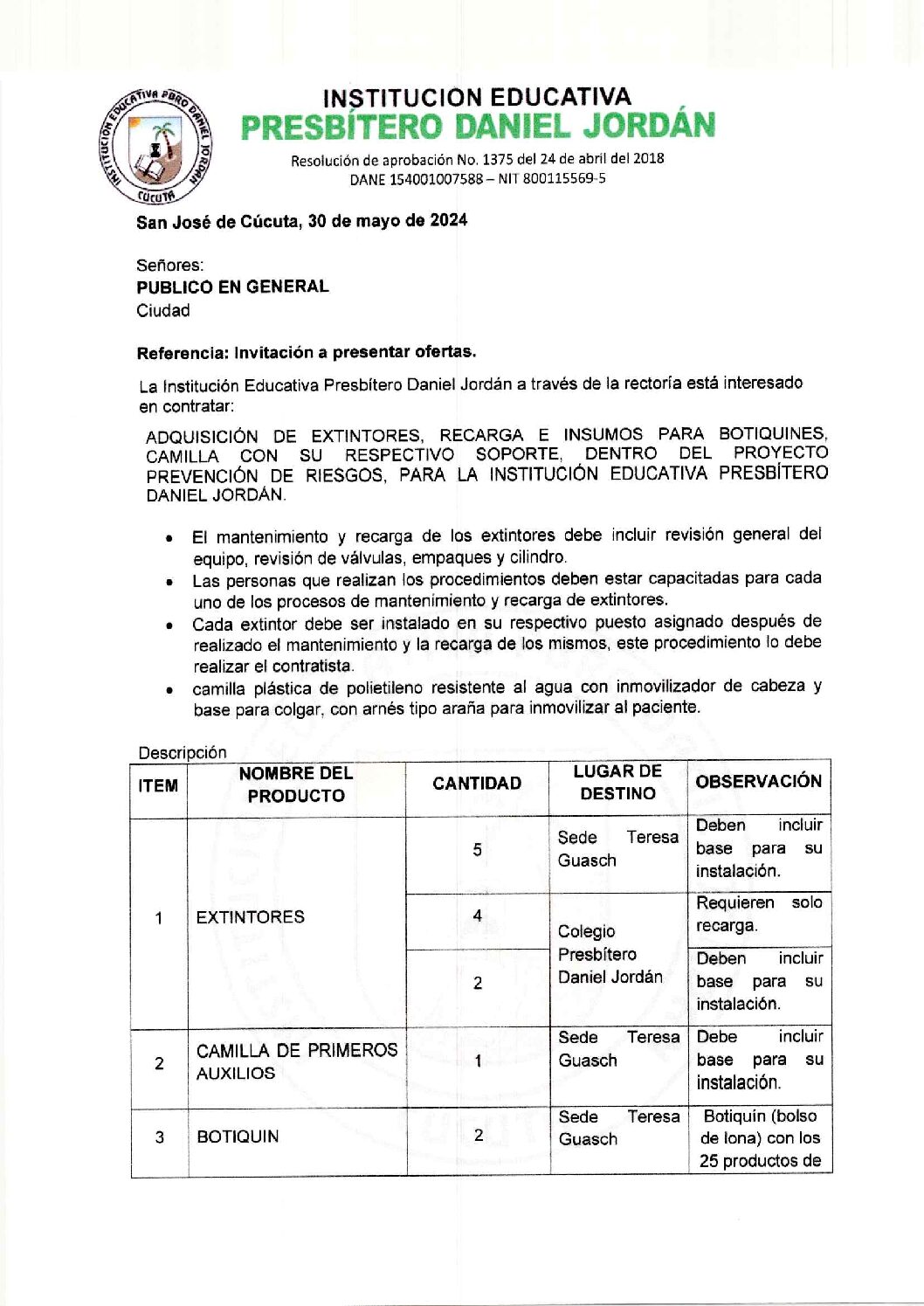 INVITACIÓN A PRESENTAR OFERTAS – ADQUISICIÓN DE EXTINTORES, RECARGA E INSUMOS PARA BOTIQUINES