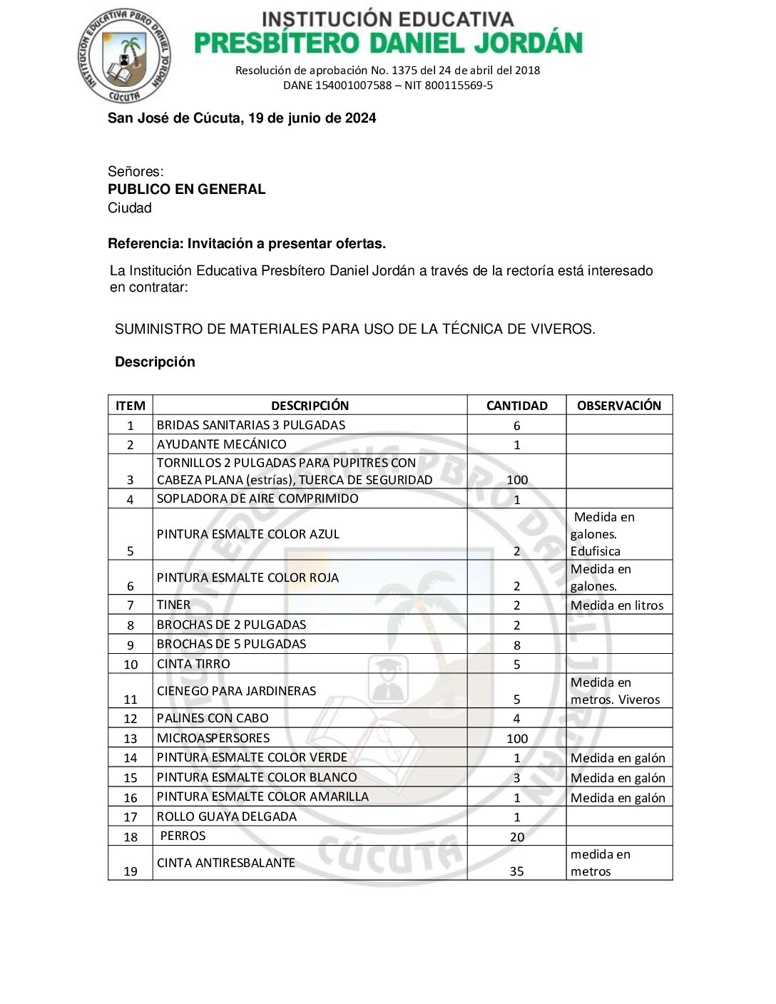 INVITACIÓN A PRESENTAR OFERTAS – SUMINISTRO DE MATERIALES PARA USO DE LA TÉCNICA DE VIVEROS.