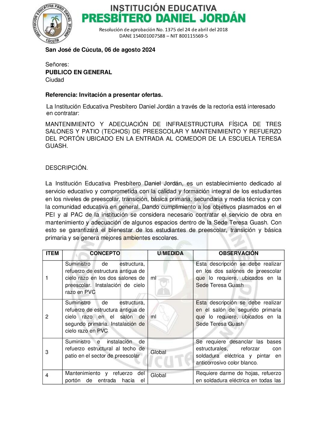 INVITACIÓN A OFERTAR – MANTENIMIENTO Y ADECUACIÓN DE INFRAESTRUCTURA FÍSICA DE TRES SALONES Y PATIO