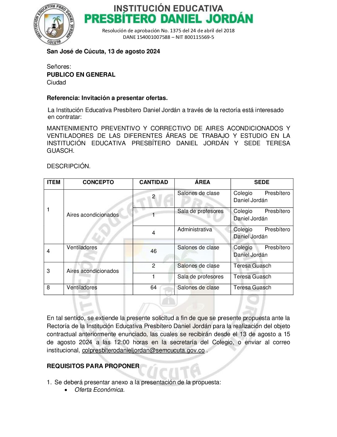 INVITACIÓN A PRESENTAR OFERTAS – MANTENIMIENTO PREVENTIVO Y CORRECTIVO DE AIRES ACONDICIONADOS Y  VENTILADORES