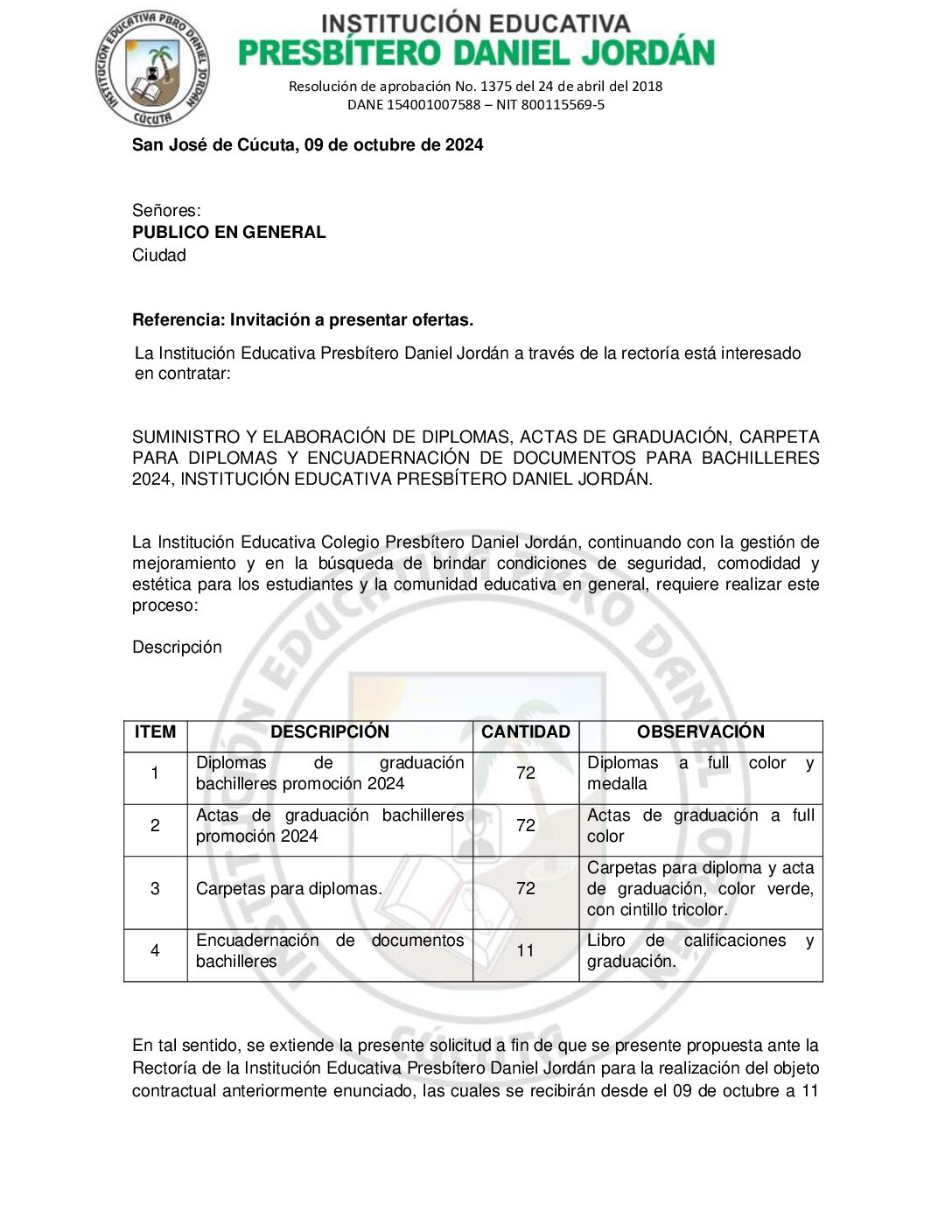 INVITACIÓN A OFERTAR – SUMINISTRO Y ELABORACIÓN DE DIPLOMAS PARA BACHILLERES  2024