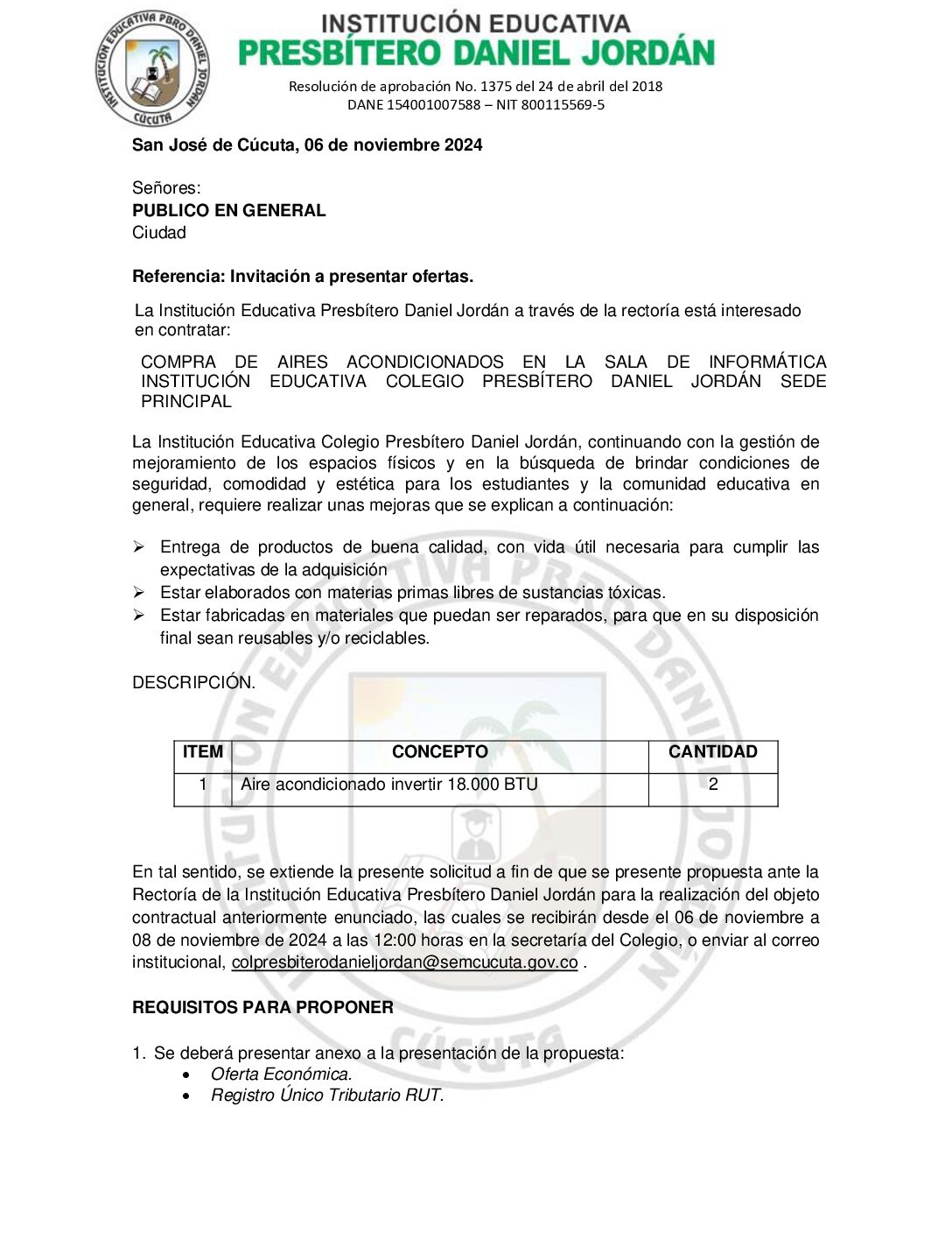 INVITACIÓN A OFERTAR – COMPRA DE AIRES ACONDICIONADOS