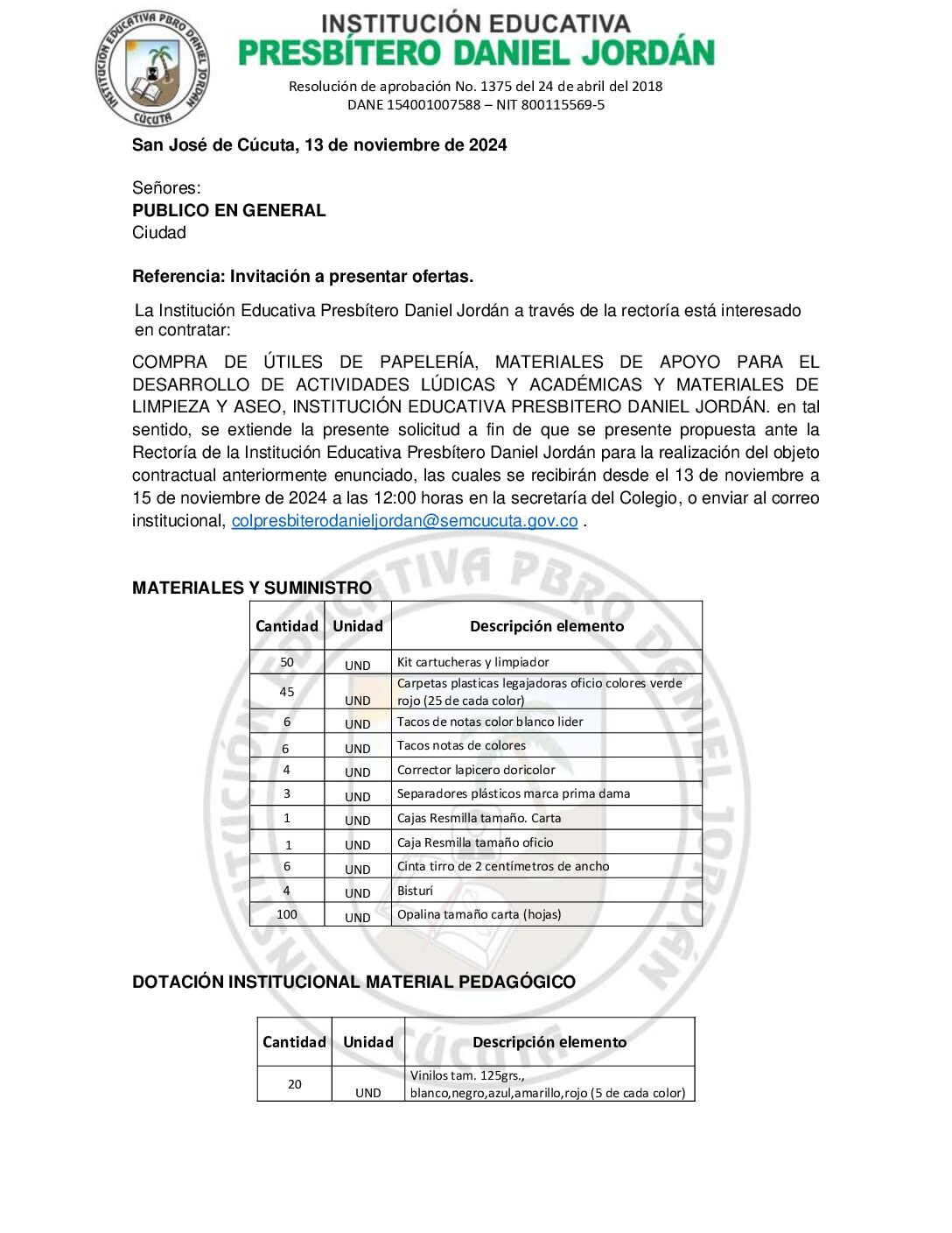 INVITACIÓN A PRESENTAR OFERTAS – COMPRA DE ÚTILES DE PAPELERÍA Y MATERIALES DE APOYO