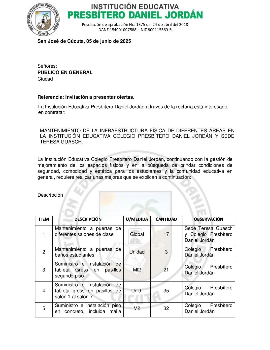 INVITACIÓN A PRESENTAR OFERTAS – MANTENIMIENTO DE LA INFRAESTRUCTURA FÍSICA DE DIFERENTES ÁREAS