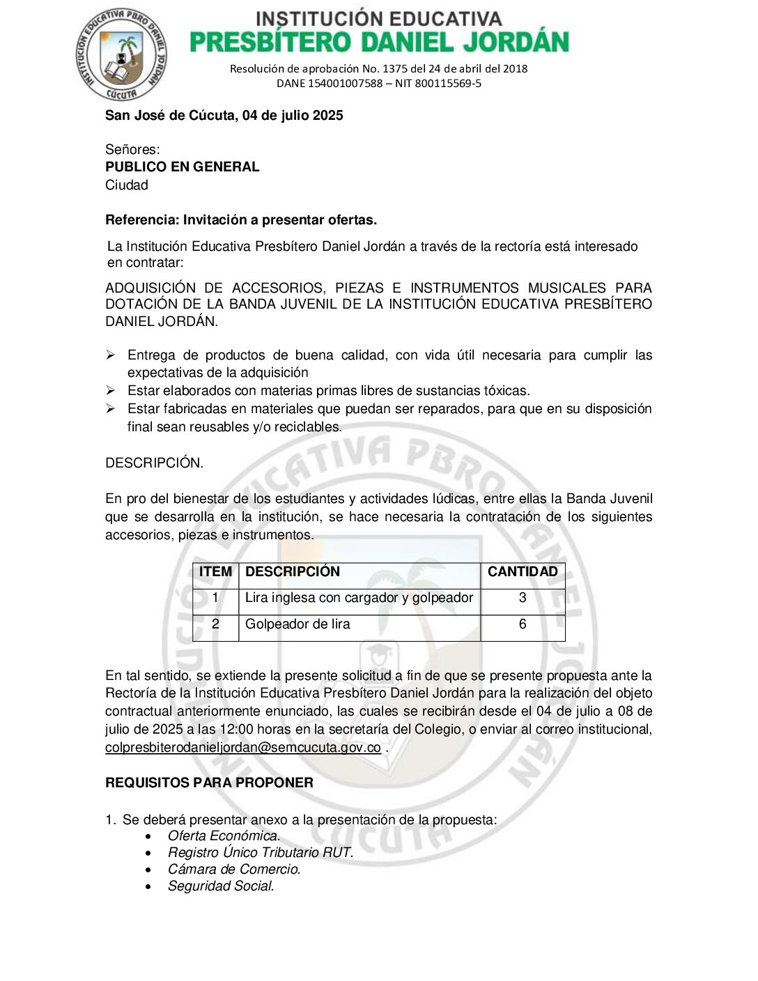 INVITACIÓN A PRESENTAR OFERTAS – ADQUISICIÓN DE ACCESORIOS, PIEZAS E INSTRUMENTOS MUSICALES PARA  DOTACIÓN DE LA BANDA JUVENIL