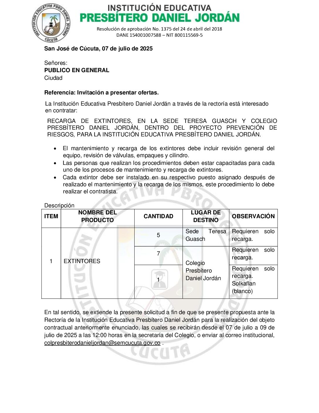 INVITACIÓN A PRESENTAR OFERTAS – RECARGA DE EXTINTORES