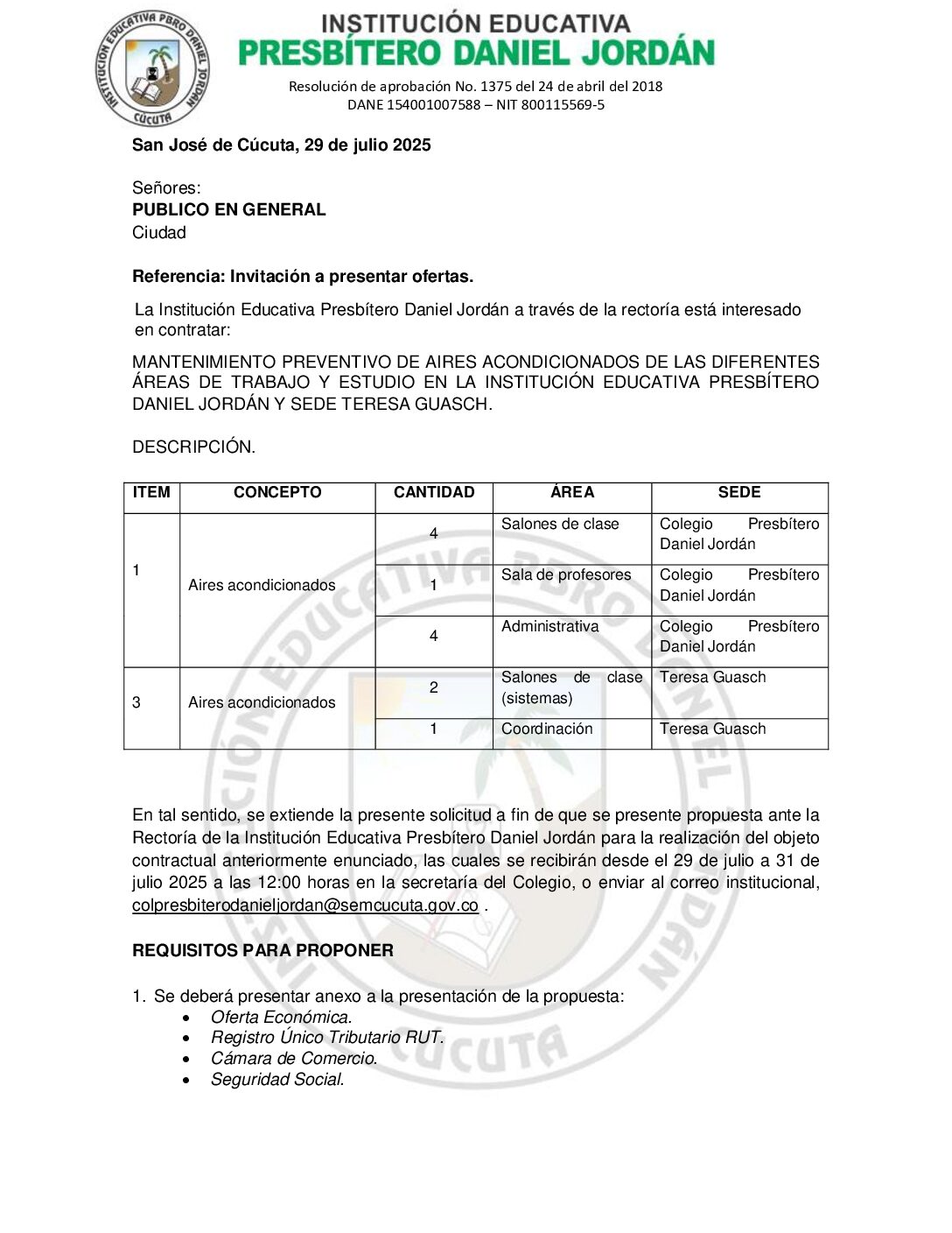 INVITACIÓN A PRESENTAR OFERTAS – MANTENIMIENTO PREVENTIVO DE AIRES ACONDICIONADOS