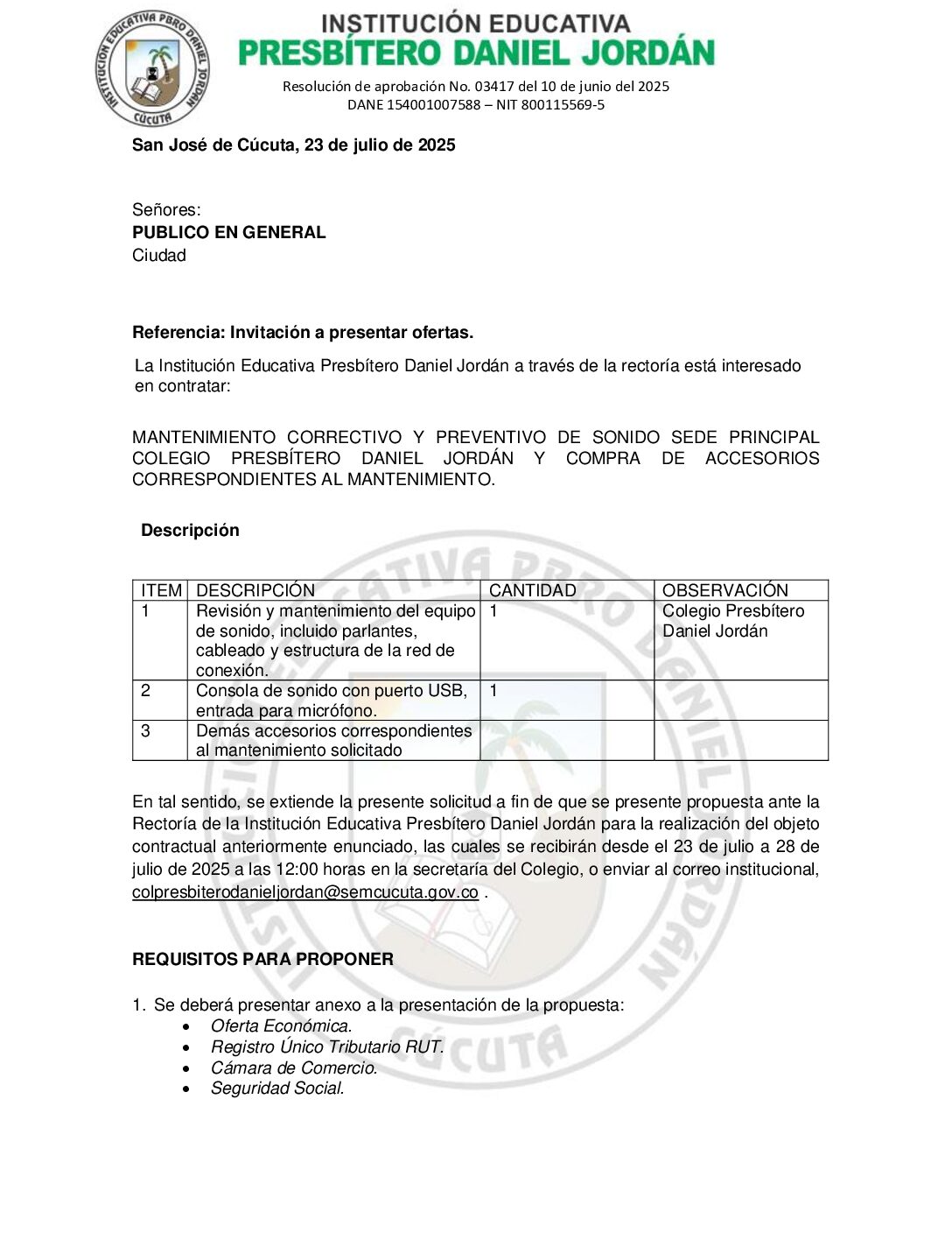 INVITACIÓN A PRESENTAR OFERTAS – MANTENIMIENTO CORRECTIVO Y PREVENTIVO DE SONIDO