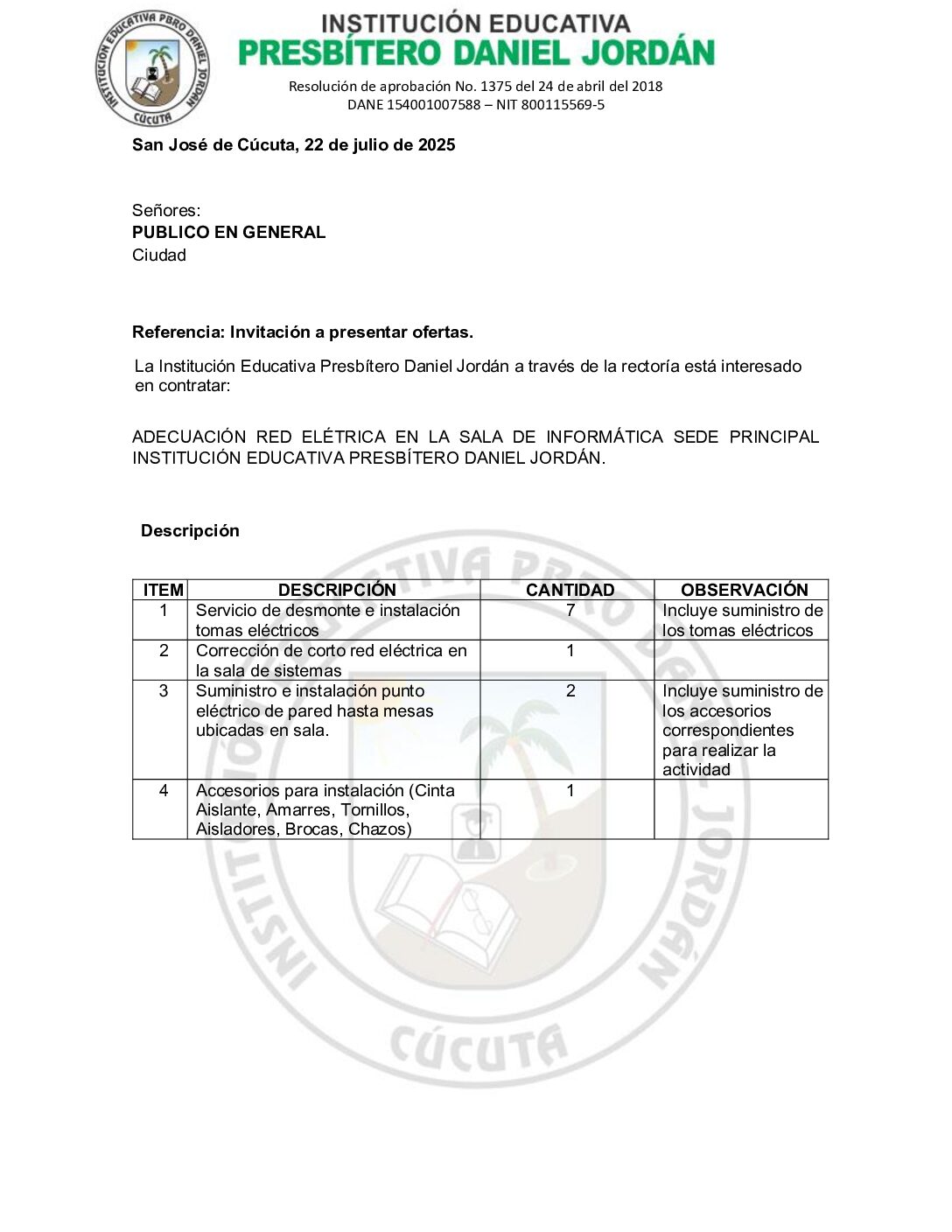 INVITACIÓN A PRESENTAR OFERTAS – ADECUACIÓN RED ELÉTRICA EN LA SALA DE INFORMÁTICA