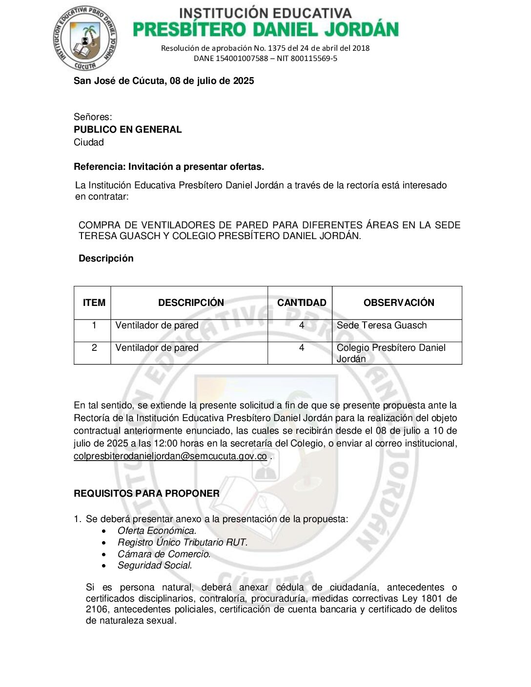 INVITACIÓN A PRESENTAR OFERTAS – COMPRA DE VENTILADORES DE PARED PARA DIFERENTES ÁREAS