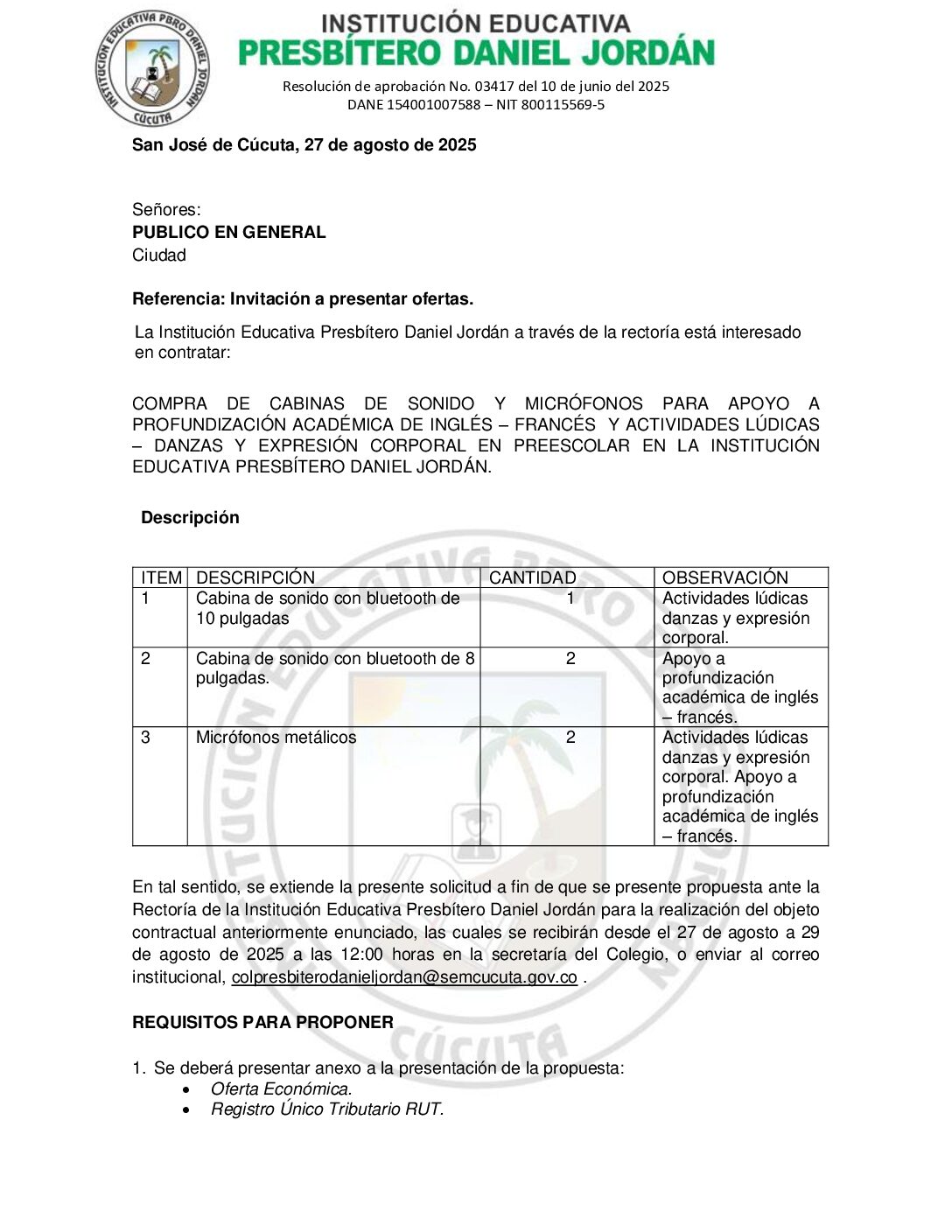 INVITACIÓN A PRESENTAR OFERTAS – COMPRA DE CABINAS DE SONIDO Y MICRÓFONOS