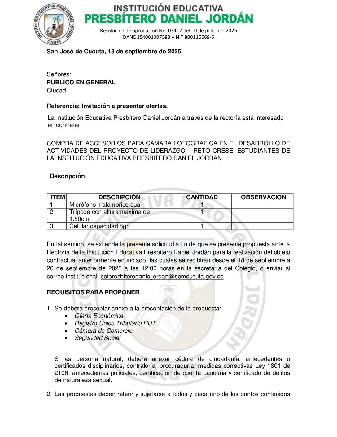 INVITACIÓN A PRESENTAR OFERTAS – COMPRA DE ACCESORIOS PARA CÁMARA FOTOGRÁFICA