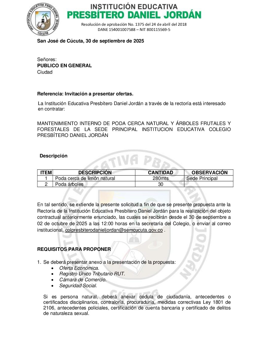 INVITACIÓN A PRESENTAR OFERTAS – MANTENIMIENTO INTERNO DE PODA CERCA NATURAL Y ÁRBOLES FRUTALES Y FORESTALES