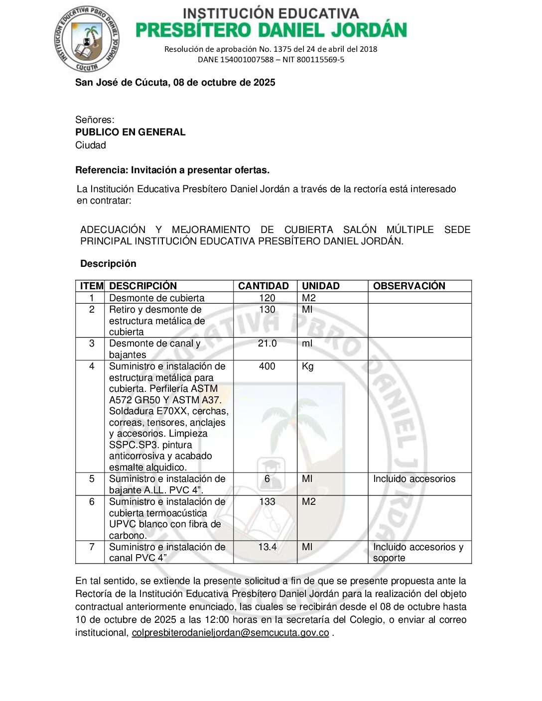 INVITACIÓN A PRESENTAR OFERTAS – ADECUACIÓN Y MEJORAMIENTO DE CUBIERTA SALÓN MÚLTIPLE