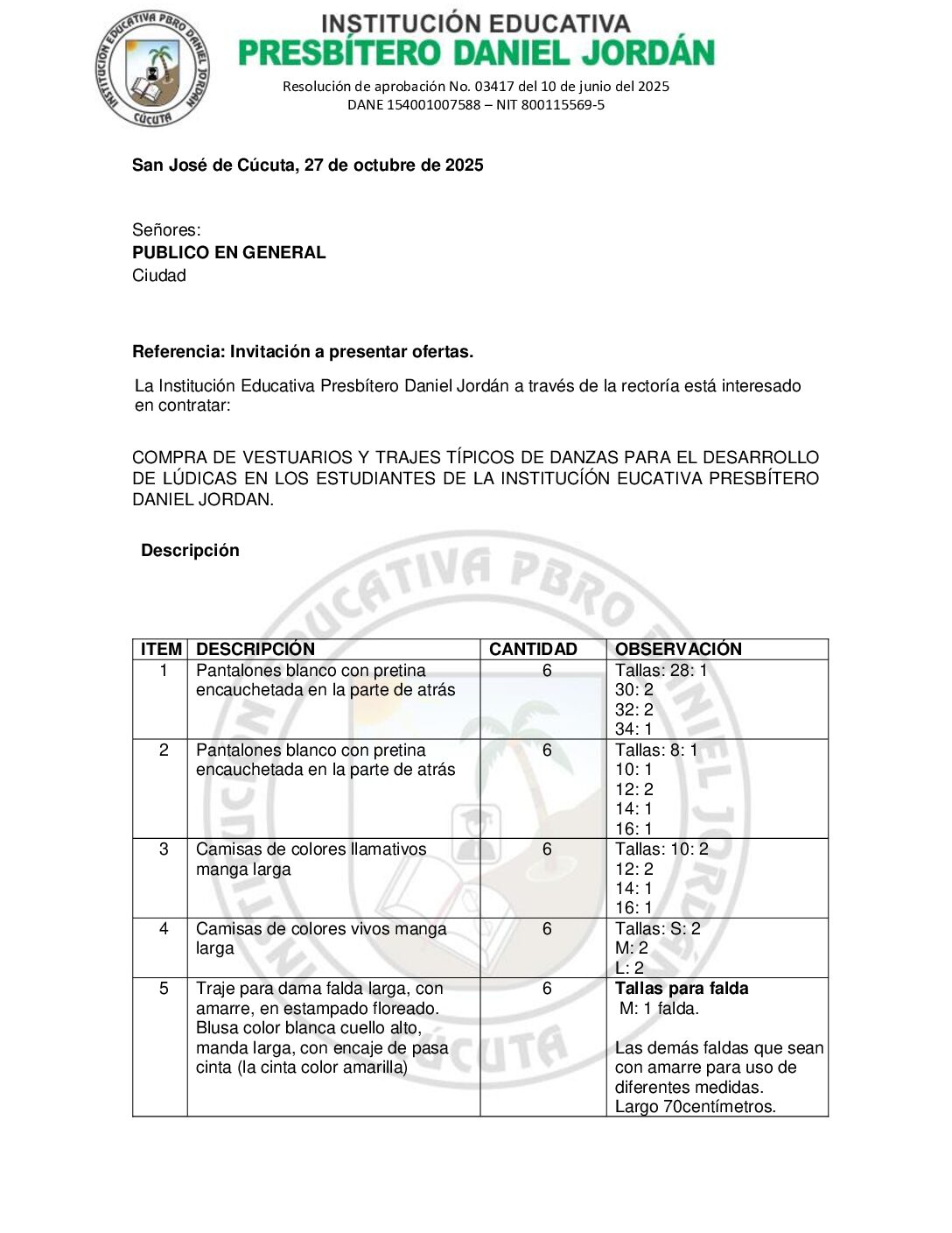 INVITACIÓN A PRESENTAR OFERTAS – COMPRA DE VESTUARIOS Y TRAJES TÍPICOS DE DANZAS