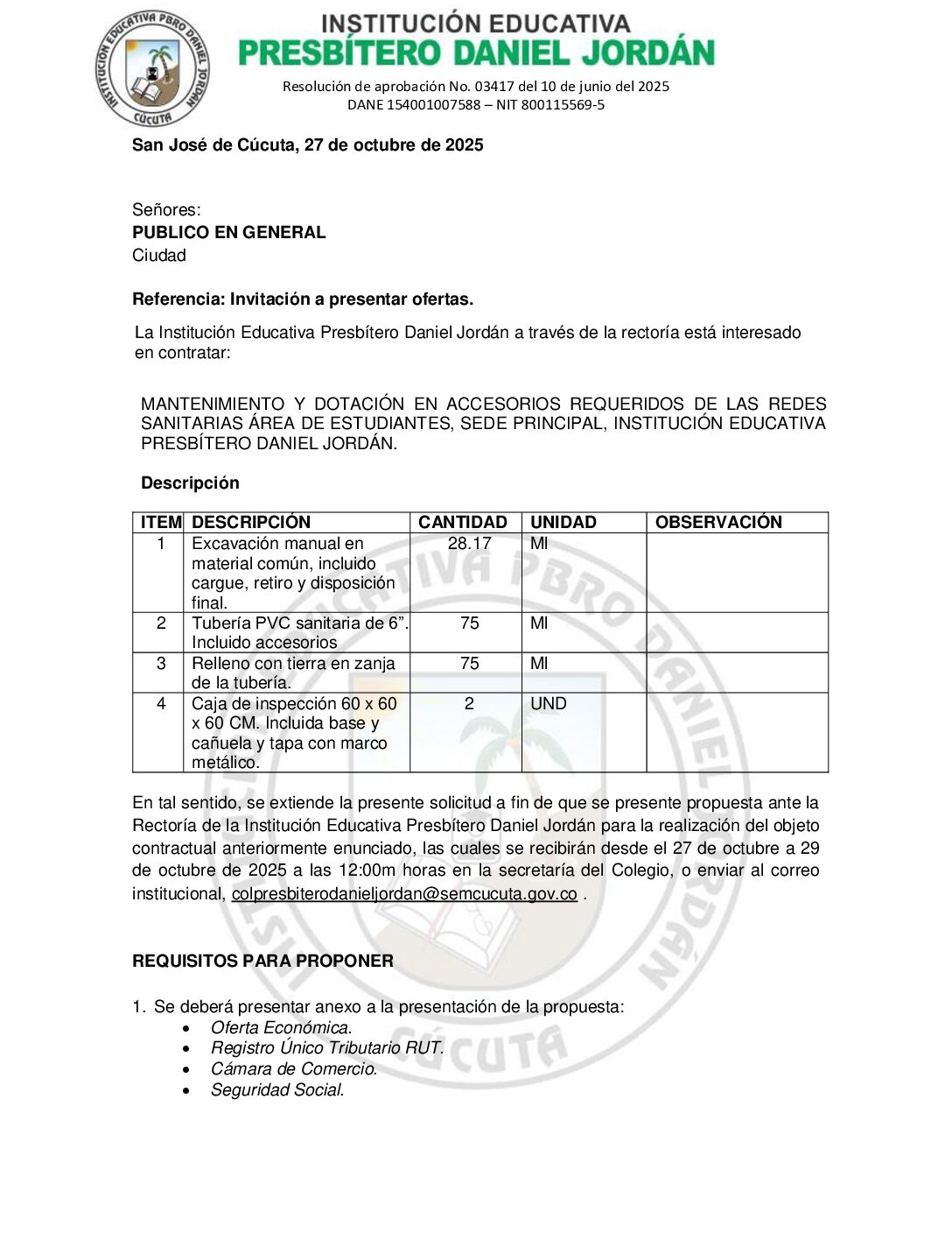 INVITACIÓN A PRESENTAR OFERTAS – MANTENIMIENTO Y DOTACIÓN EN ACCESORIOS REQUERIDOS DE LAS REDES  SANITARIAS