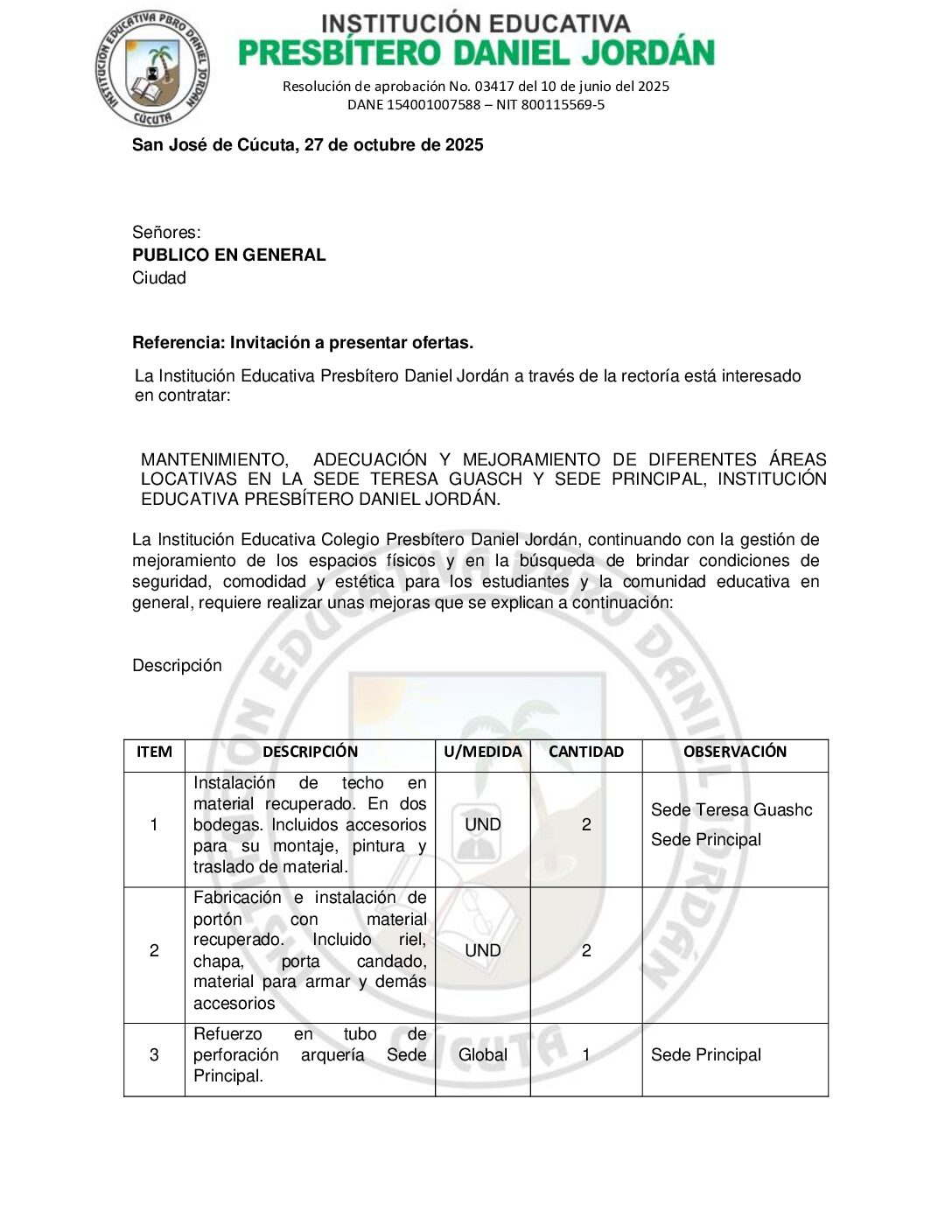 INVITACIÓN A PRESENTAR OFERTAS – MANTENIMIENTO,  ADECUACIÓN Y MEJORAMIENTO DE DIFERENTES ÁREAS LOCATIVAS