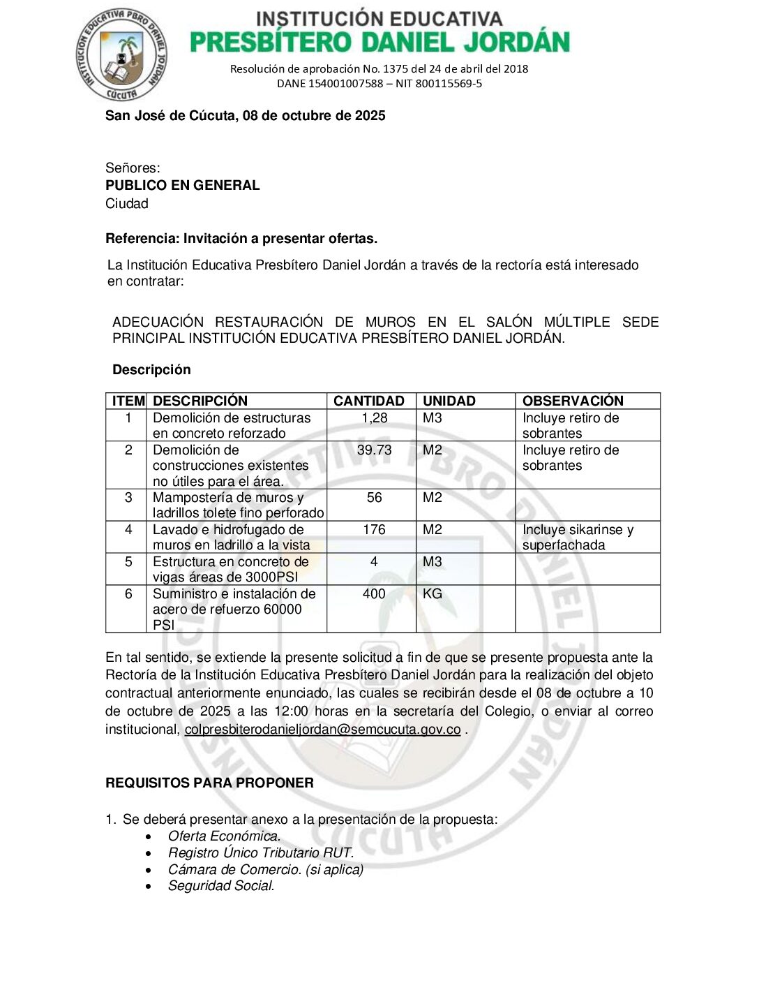 INVITACIÓN A PRESENTAR OFERTAS – ADECUACIÓN RESTAURACIÓN DE MUROS EN EL SALÓN MÚLTIPLE