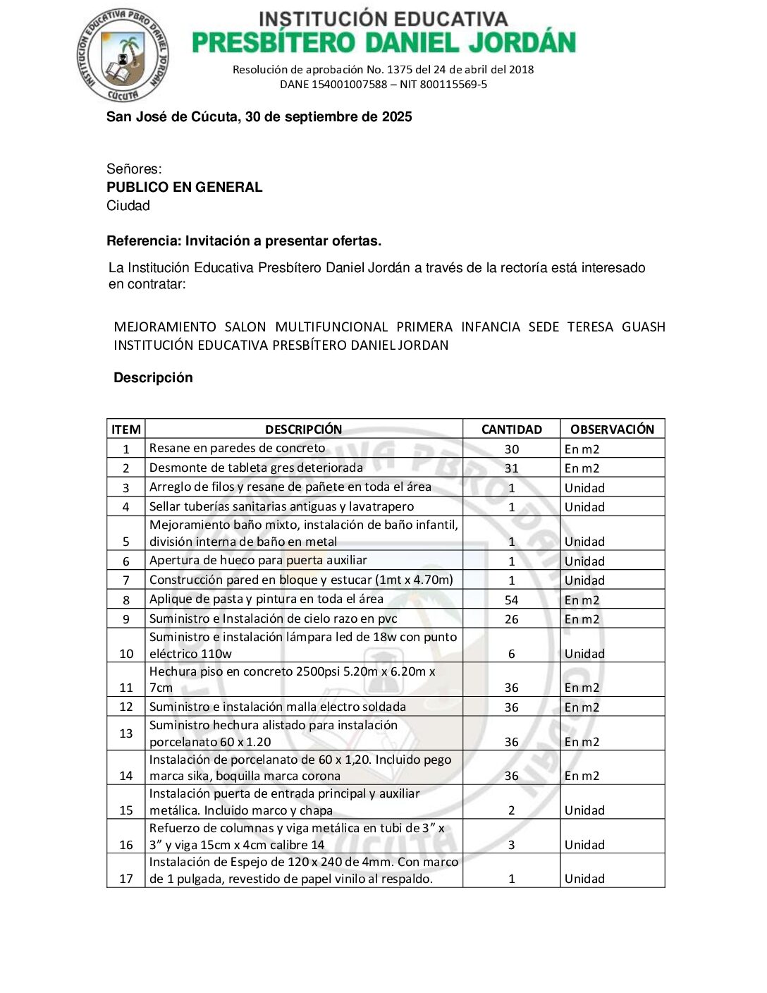 INVITACIÓN A OFERTAR – MEJORAMIENTO SALON MULTIFUNCIONAL PRIMERA INFANCIA