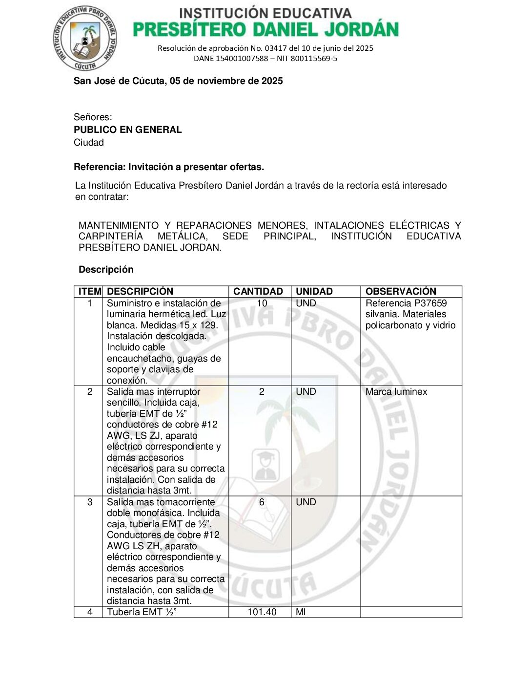 INVITACIÓN A PRESENTAR OFERTAS – MANTENIMIENTO Y REPARACIONES MENORES, INTALACIONES ELÉCTRICAS Y  CARPINTERÍA METÁLICA