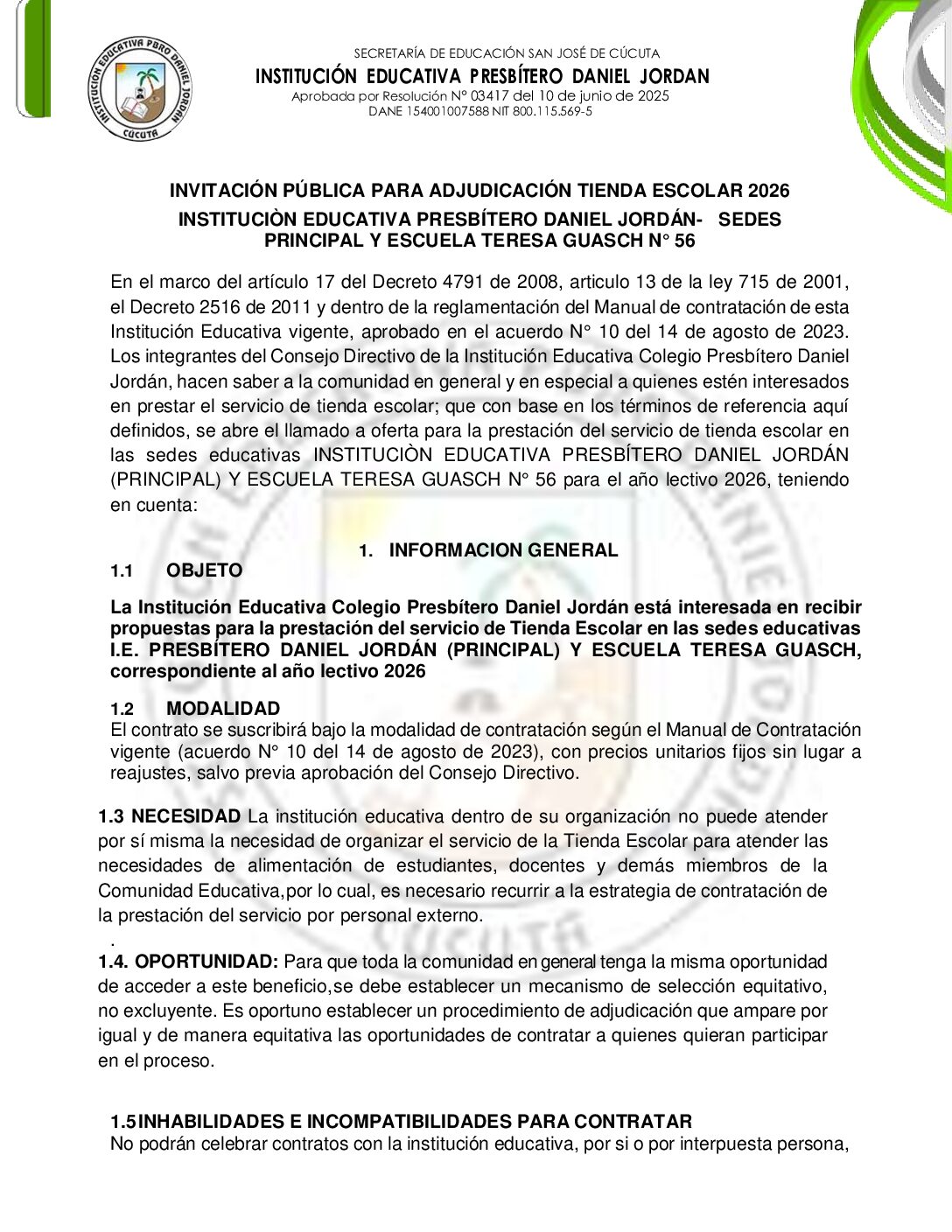 INVITACIÓN A PRESENTAR OFERTAS – ADJUDICACIÓN TIENDA ESCOLAR 2026
